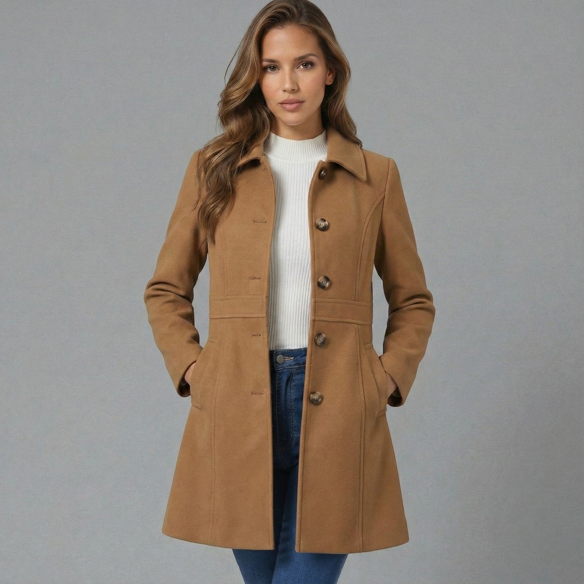 Elegant A-Line Women's Coat – Button Closure Long Coat Josephine