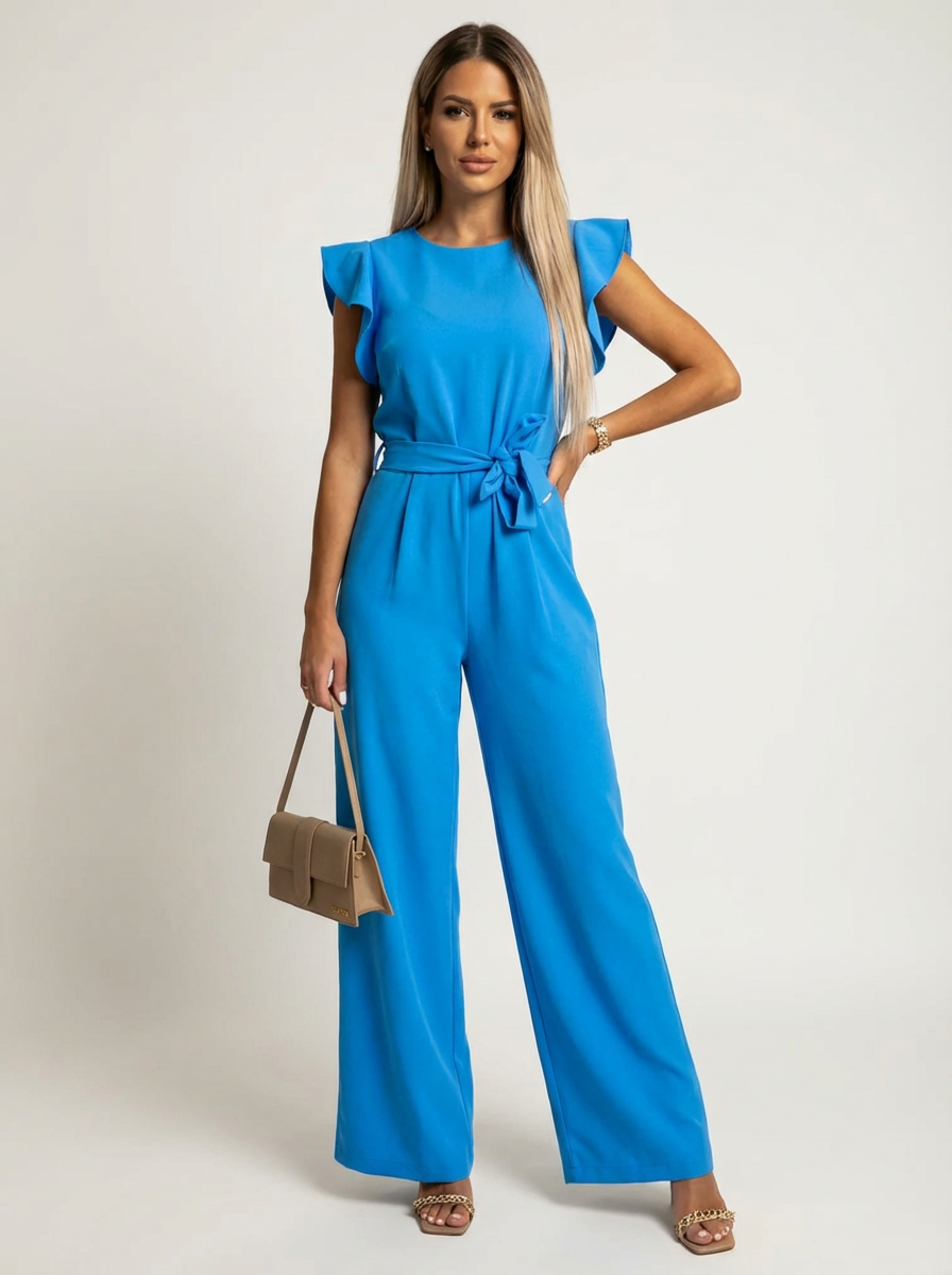 Elegant Women's Jumpsuit with Ruffle Sleeves & Belt – Wide Leg Formal One-Piece