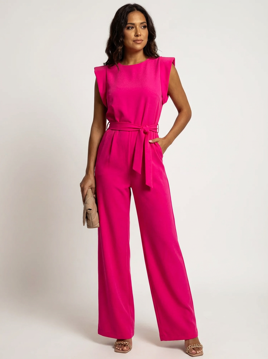 Elegant Women's Jumpsuit with Ruffle Sleeves & Belt – Wide Leg Formal One-Piece