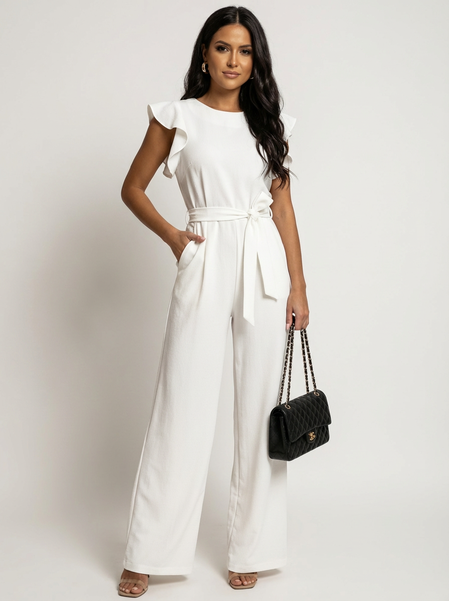 Elegant Women's Jumpsuit with Ruffle Sleeves & Belt – Wide Leg Formal One-Piece