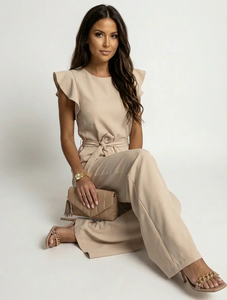 Elegant Women's Jumpsuit with Ruffle Sleeves & Belt – Wide Leg Formal One-Piece