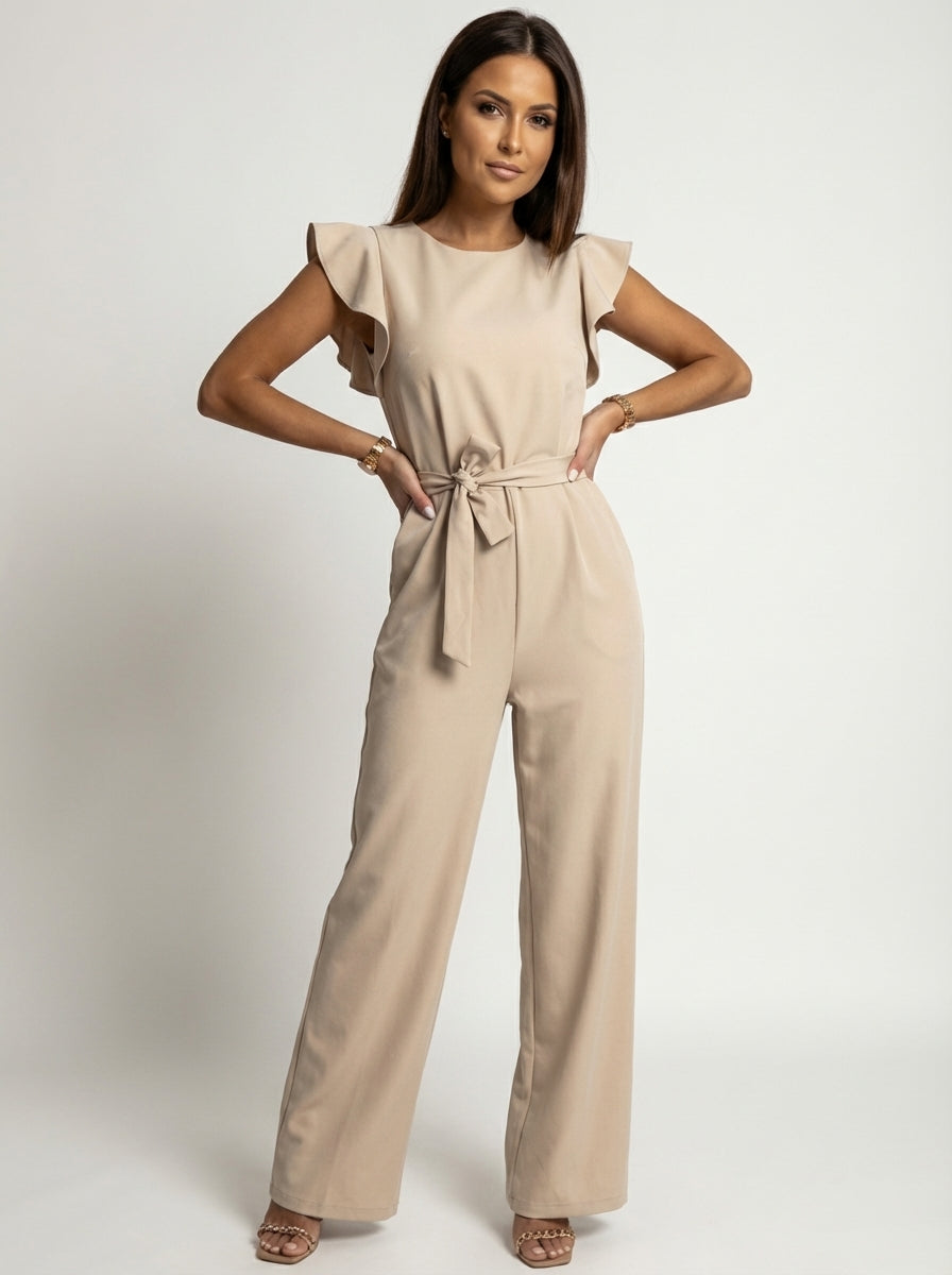 Elegant Women's Jumpsuit with Ruffle Sleeves & Belt – Wide Leg Formal One-Piece