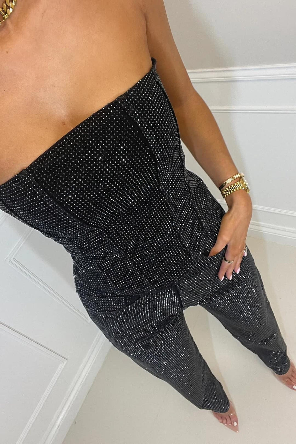 Glitter Two-Piece Set Women – Strapless Top & High Waist Pants Elegant Party Outfit