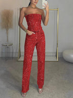 Glitter Two-Piece Set Women – Strapless Top & High Waist Pants Elegant Party Outfit