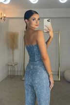 Glitter Two-Piece Set Women – Strapless Top & High Waist Pants Elegant Party Outfit