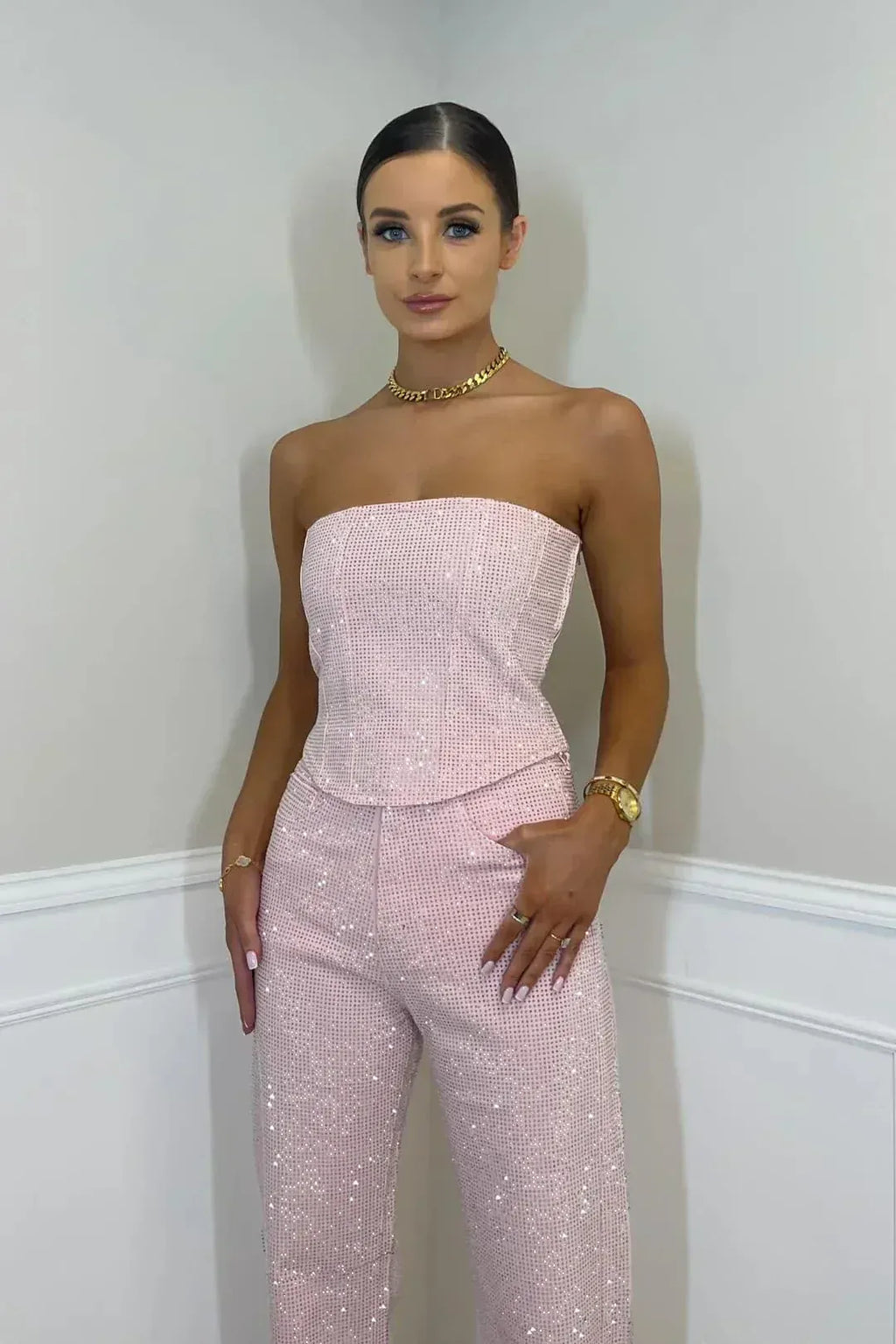 Glitter Two-Piece Set Women – Strapless Top & High Waist Pants Elegant Party Outfit