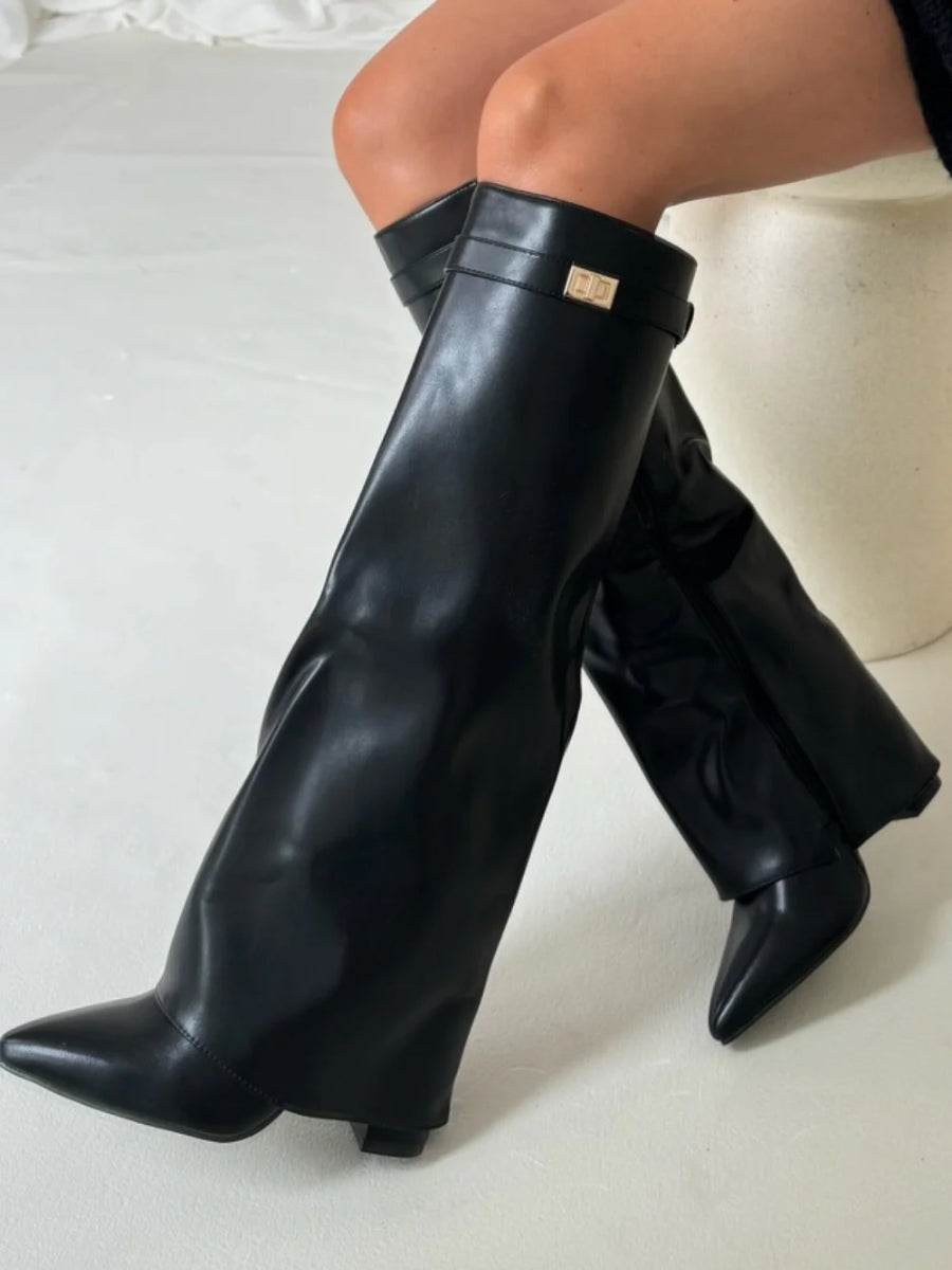 Women's Knee High Flare Boots – Pointed Toe Block Heel Boots