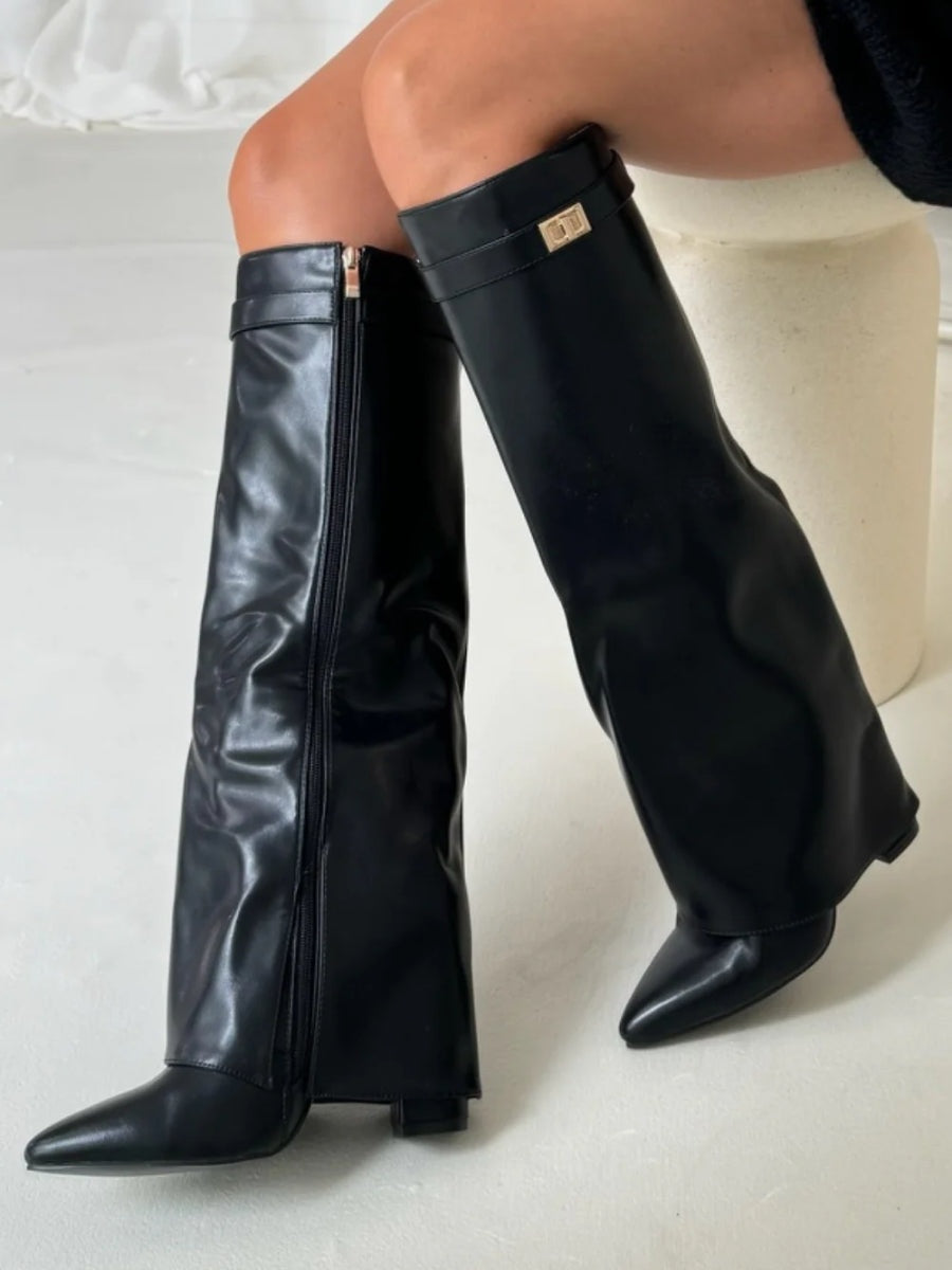 Women's Knee High Flare Boots – Pointed Toe Block Heel Boots