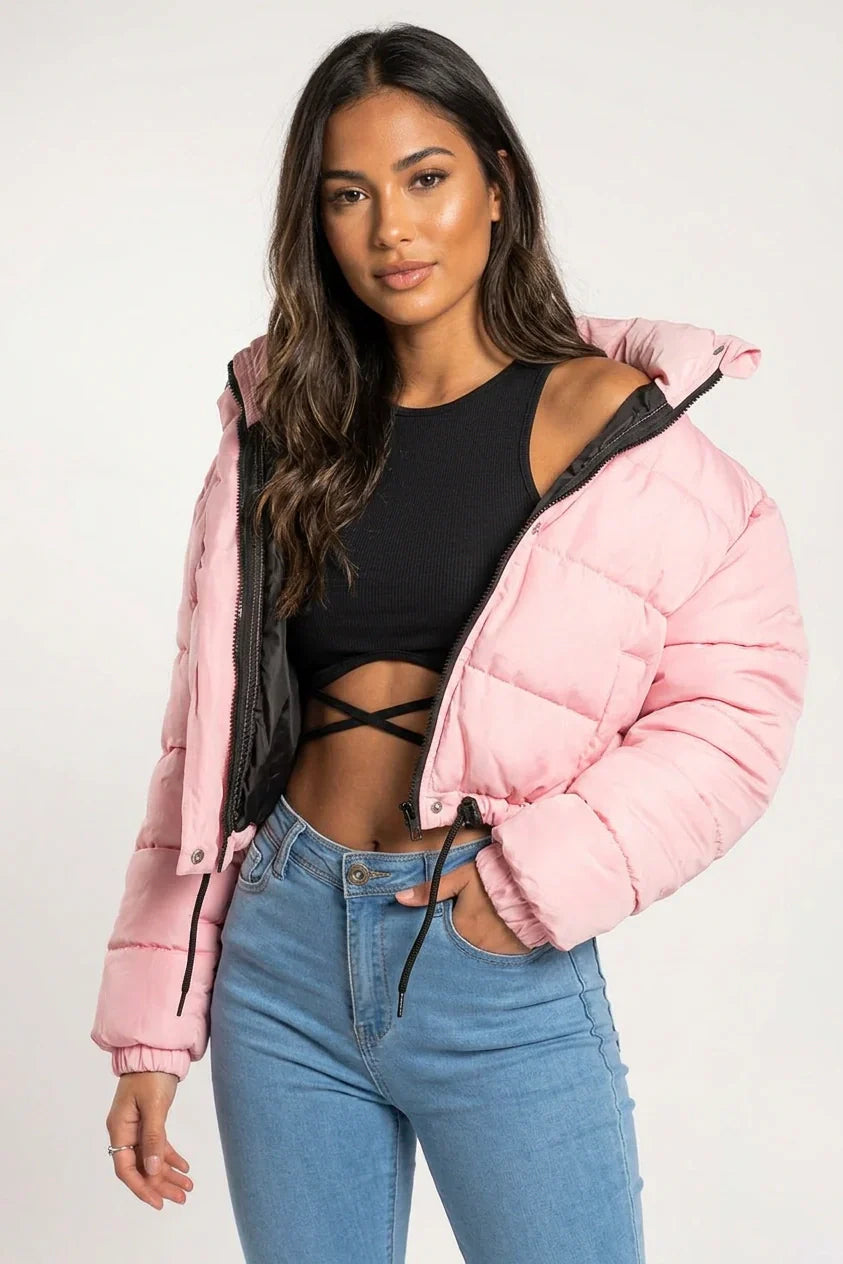 Women's Cropped Puffer Jacket with Hood – Short Quilted Winter Coat