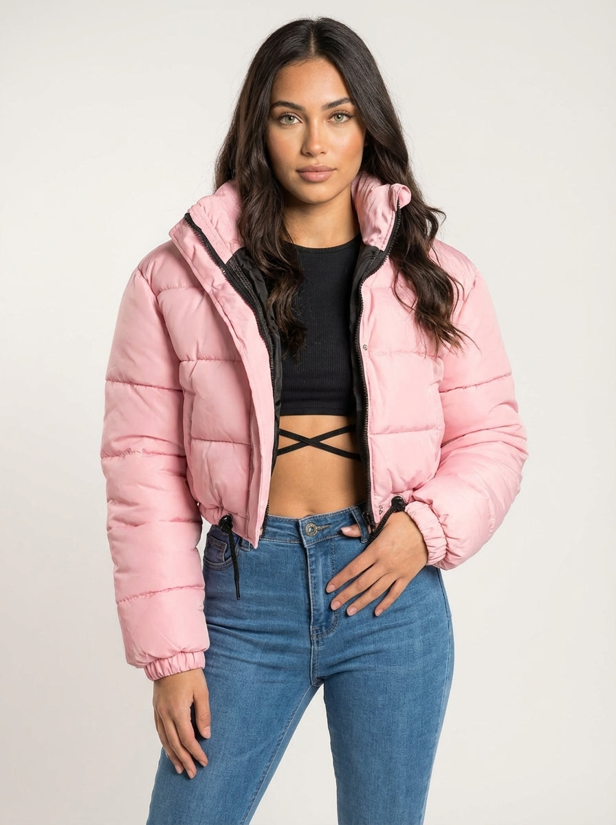 Women's Cropped Puffer Jacket with Hood – Short Quilted Winter Coat