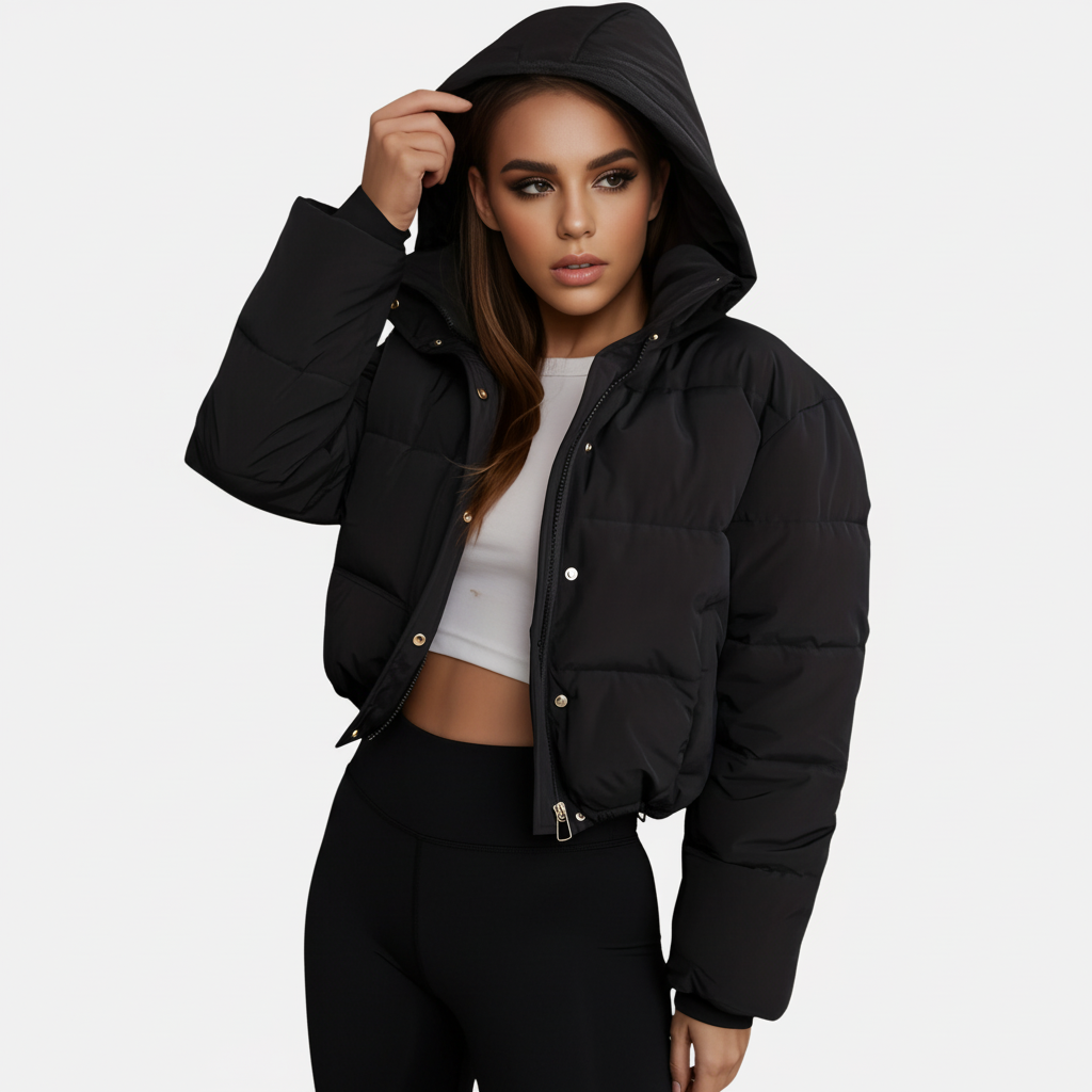 Women's Cropped Puffer Jacket with Hood – Short Quilted Winter Coat