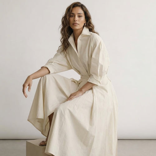 Elegant Long Shirt Dress Women – Button Down Maxi Dress with Waist Detail