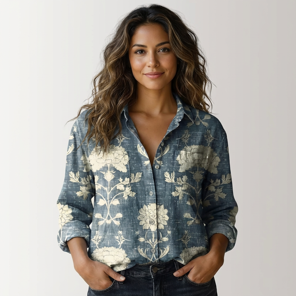 Women's Botanical Print Shirt – Lightweight Button Down Blouse