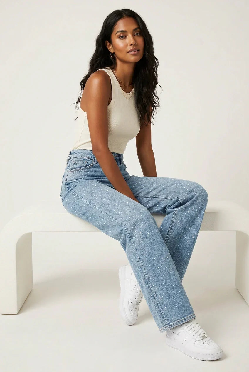Women's High Waist Straight Jeans – Subtle Glitter Detail Denim