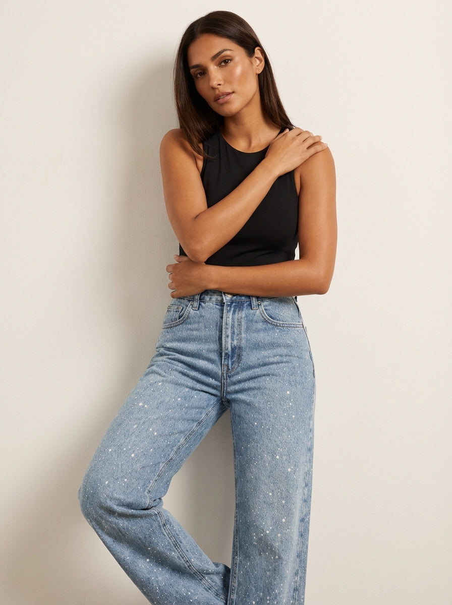 Women's High Waist Straight Jeans – Subtle Glitter Detail Denim
