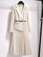 Elegant Pleated Midi Dress Women – Blazer Style Long Sleeve Dress