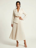 Elegant Pleated Midi Dress Women – Blazer Style Long Sleeve Dress