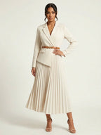 Elegant Pleated Midi Dress Women – Blazer Style Long Sleeve Dress