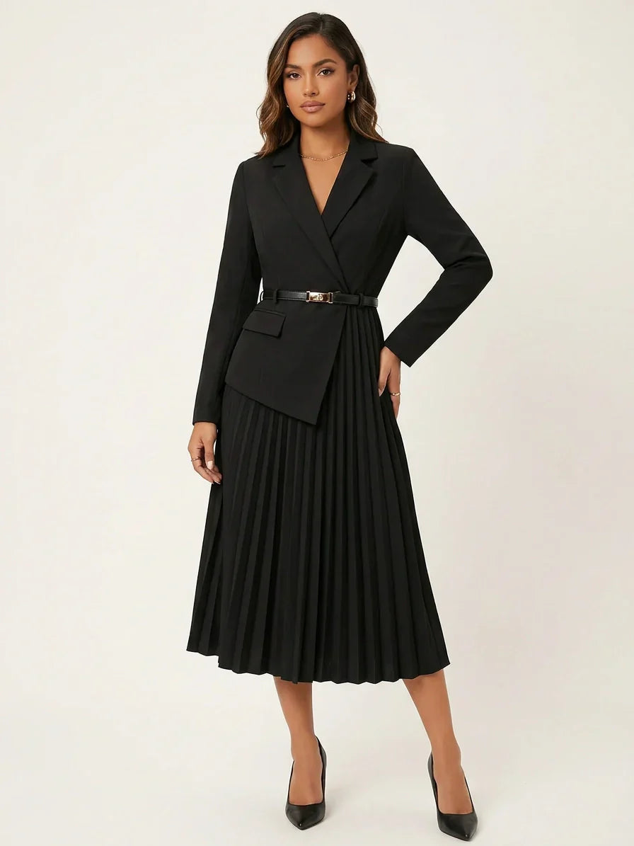 Elegant Pleated Midi Dress Women – Blazer Style Long Sleeve Dress