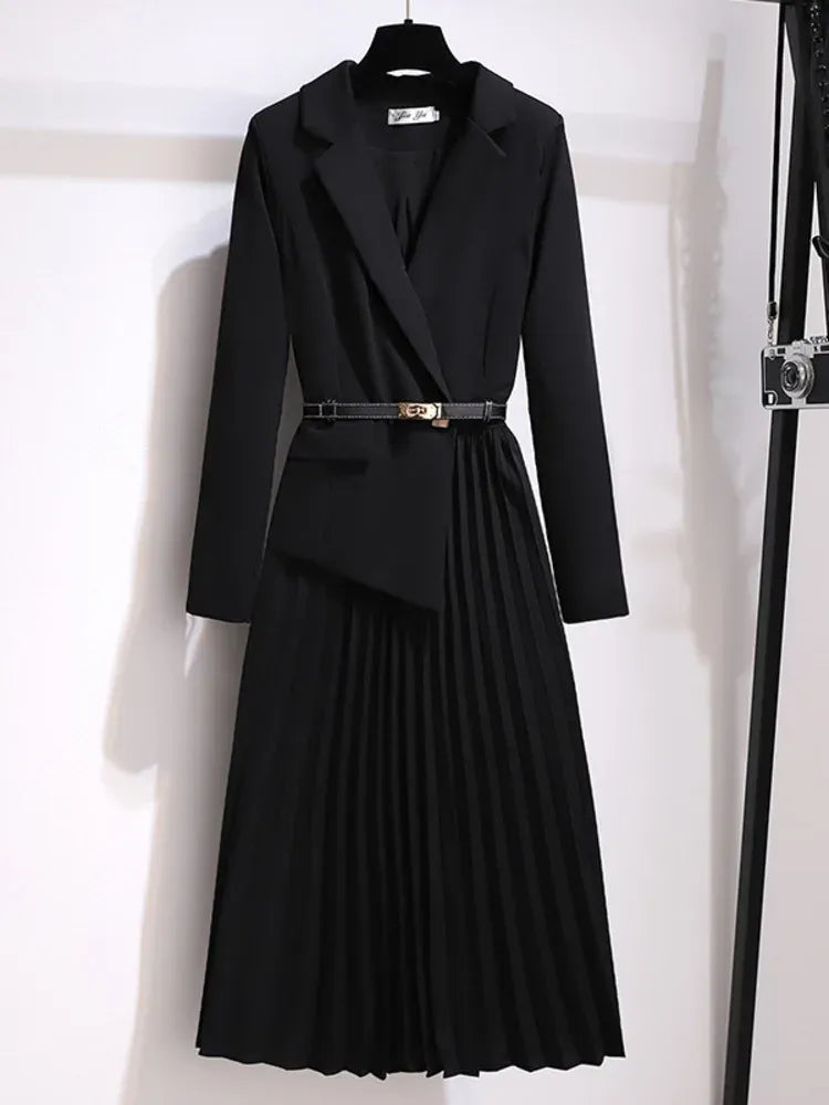 Elegant Pleated Midi Dress Women – Blazer Style Long Sleeve Dress