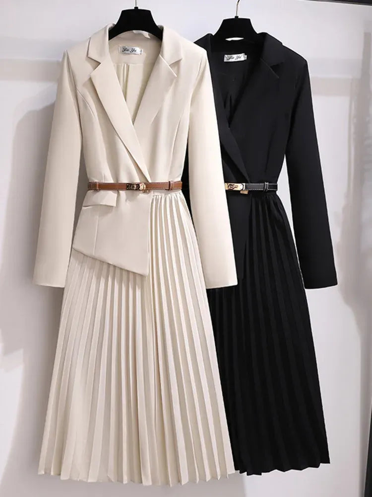 Elegant Pleated Midi Dress Women – Blazer Style Long Sleeve Dress