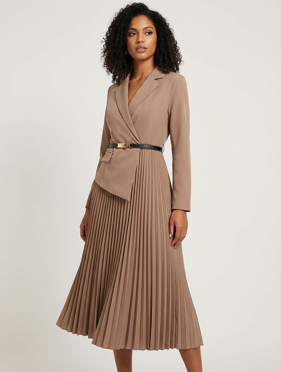 Elegant Pleated Midi Dress Women – Blazer Style Long Sleeve Dress