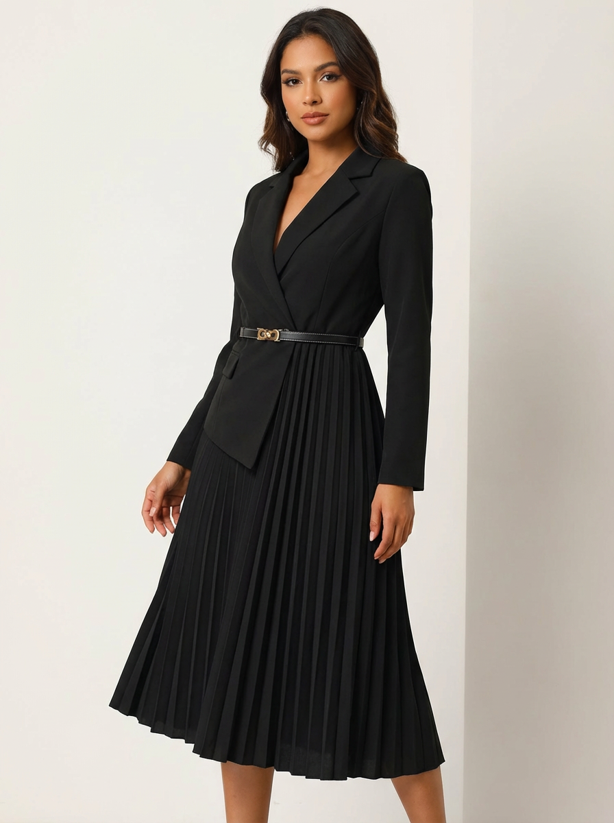 Elegant Pleated Midi Dress Women – Blazer Style Long Sleeve Dress