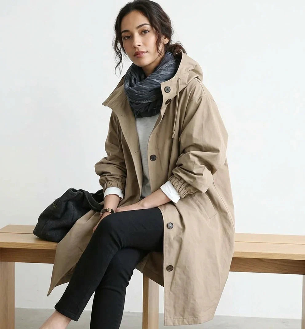 Water-Resistant Long Trench Coat Women – Lightweight Hooded Coat