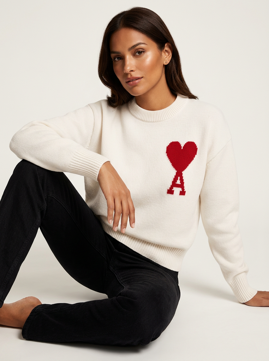 Women's Heart Knit Sweater – Soft Cozy Pullover with Heart Detail
