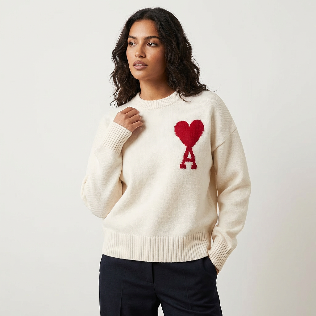 Women's Heart Knit Sweater – Soft Cozy Pullover with Heart Detail