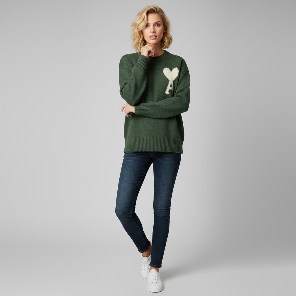 Women's Heart Knit Sweater – Soft Cozy Pullover with Heart Detail